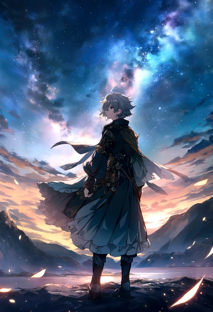 Anime boy standing on a rock and looking at the stars, Makoto Shinkai Cyril Rolando, anime art wallpaper 4k, anime art wallpaper 4k, Anime Art Wallpapers 8K, Cosmos Sky. by makoto shinkai, Inspired by Cyril Rolland, And Mumford'Artwork Style, Awesome Wallpapers, by Yuumei, Gray Hair