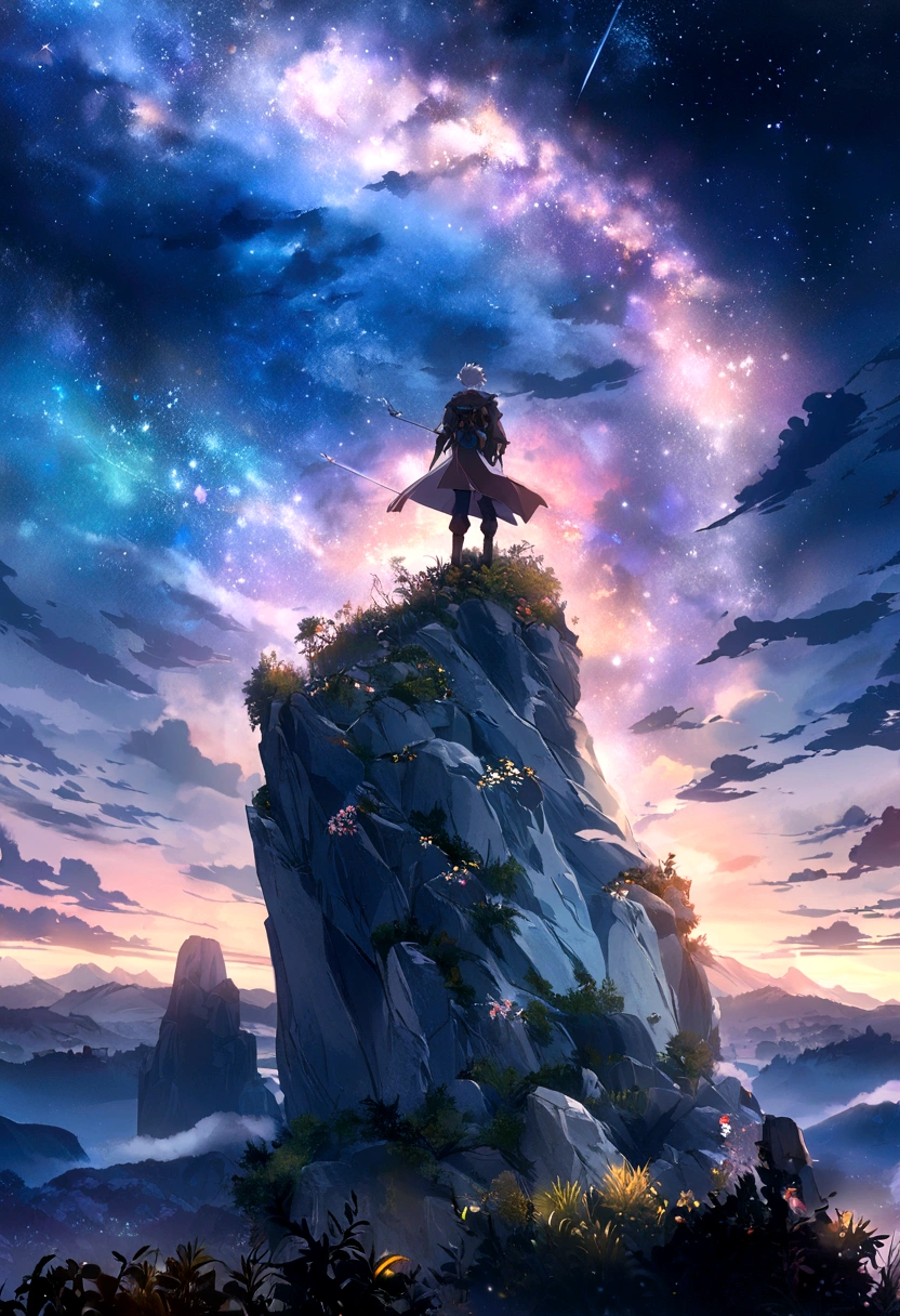 Anime boy standing on a rock and looking at the stars, Makoto Shinkai Cyril Rolando, anime art wallpaper 4k, anime art wallpaper 4k, Anime Art Wallpapers 8K, Cosmos Sky. by makoto shinkai, Inspired by Cyril Rolland, And Mumford&#39;Artwork Style, Awesome Wallpapers, by Yuumei, Gray Hair