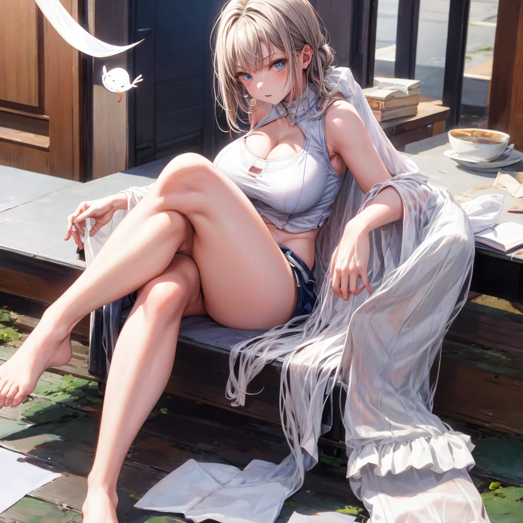 solo、1girl、full-body portraits、sleeveless、sitting down、White-colored skin，Large Breasts,