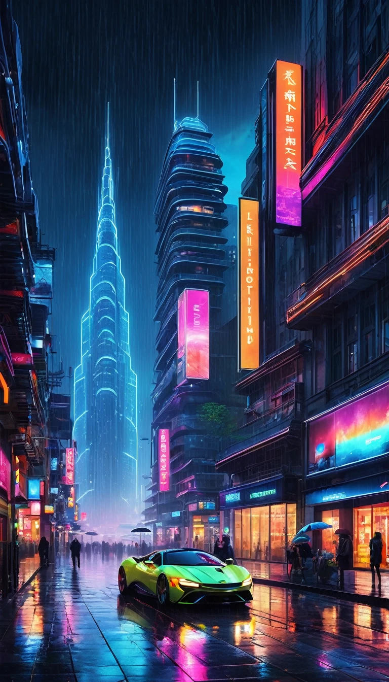 A masterpiece of futuristic cityscapes: ((Highest quality))、((high definition))、((Realistic)) When the city sleeps in the darkness of night、Incredible architecture and neon lights illuminate the European-style streets with a vibrant glow。The modern and glamorous towering building、A testament to the harmonious coexistence of tradition and innovation in this futuristic metropolis.。In the pouring rain、The city&#39;s cyberpunk pulse races through the city&#39;s glittering streets.、The sleek illumination of a futuristic railway line weaves through the cityscape.。Each structure