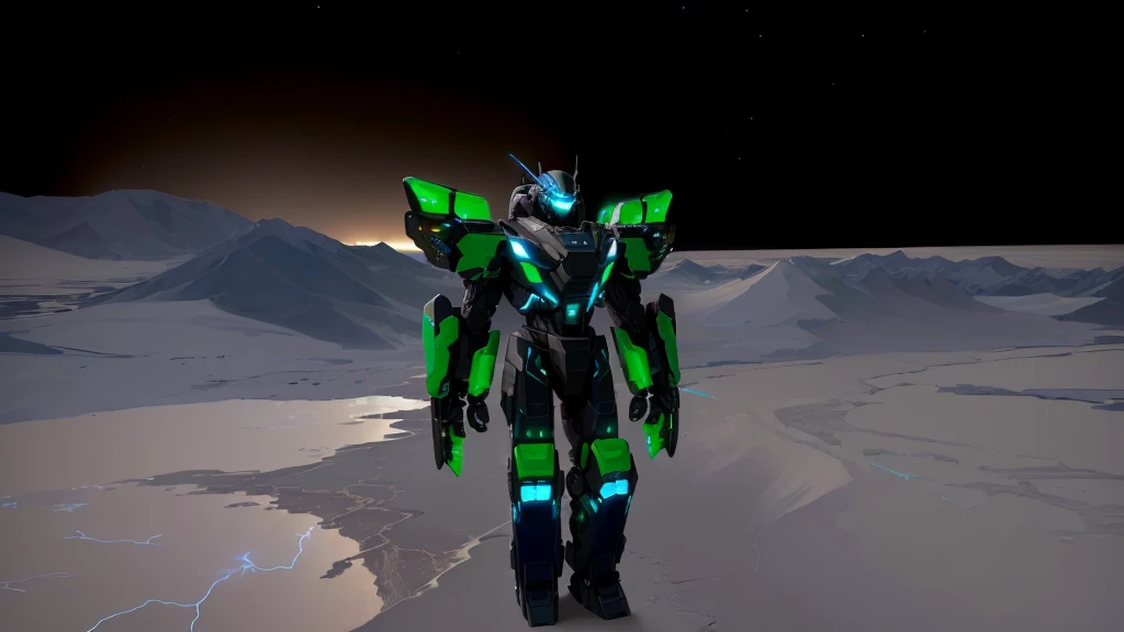 a black colored male transformer with green inserts, symmetrically arranged green parts, on the frontof the body not transparent cabin, on the back - aircraft's wings, arms from elbows to hands look like the front part of a aircraft, wheels are visible on the shoulders, on the legs from knees to the ankle there are aircraft's repulsors and small aircraft's tail wings, no helmet, light blue eyes, two legs, two arms, not a suit, on a background there is an empty dark blue metal desert, no buildings, no structures, dark blue storm clouds, light blue lightning from the clouds, blue river, river to the horizon, electrified river, light blue lightning from the river, space sky, stars in the sky, composition on the metal planet, big metalic planet, dark-blue metal, shiny metal, cybertron, mechanical planet, empty wasteland, dark blue storm clouds, light blue lightning from clouds, blue river, river to horizon, electrized river, light blue lightning from river, space sky, stars on the sky, realistic, watercolor, 4k, high quality, hight attention to details, concept art, concept art by Chris Mowry.