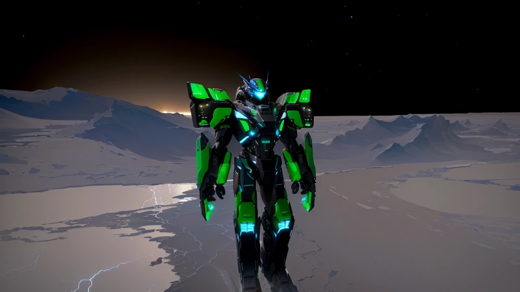 a black colored male transformer with green inserts, symmetrically arranged green parts, on the frontof the body not transparent cabin, on the back - aircraft's wings, arms from elbows to hands look like the front part of a aircraft, wheels are visible on the shoulders, on the legs from knees to the ankle there are aircraft's repulsors and small aircraft's tail wings, no helmet, light blue eyes, two legs, two arms, not a suit, on a background there is an empty dark blue metal desert, no buildings, no structures, dark blue storm clouds, light blue lightning from the clouds, blue river, river to the horizon, electrified river, light blue lightning from the river, space sky, stars in the sky, composition on the metal planet, big metalic planet, dark-blue metal, shiny metal, cybertron, mechanical planet, empty wasteland, dark blue storm clouds, light blue lightning from clouds, blue river, river to horizon, electrized river, light blue lightning from river, space sky, stars on the sky, realistic, watercolor, 4k, high quality, hight attention to details, concept art, concept art by Chris Mowry.
