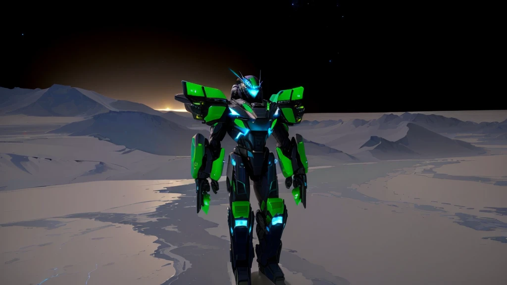 a black colored male transformer with green inserts, symmetrically arranged green parts, on the frontof the body not transparent cabin, on the back - aircraft's wings, arms from elbows to hands look like the front part of a aircraft, wheels are visible on the shoulders, on the legs from knees to the ankle there are aircraft's repulsors and small aircraft's tail wings, no helmet, light blue eyes, two legs, two arms, not a suit, on a background there is an empty dark blue metal desert, no buildings, no structures, dark blue storm clouds, light blue lightning from the clouds, blue river, river to the horizon, electrified river, light blue lightning from the river, space sky, stars in the sky, composition on the metal planet, big metalic planet, dark-blue metal, shiny metal, cybertron, mechanical planet, empty wasteland, dark blue storm clouds, light blue lightning from clouds, blue river, river to horizon, electrized river, light blue lightning from river, space sky, stars on the sky, realistic, watercolor, 4k, high quality, hight attention to details, concept art, concept art by Chris Mowry.