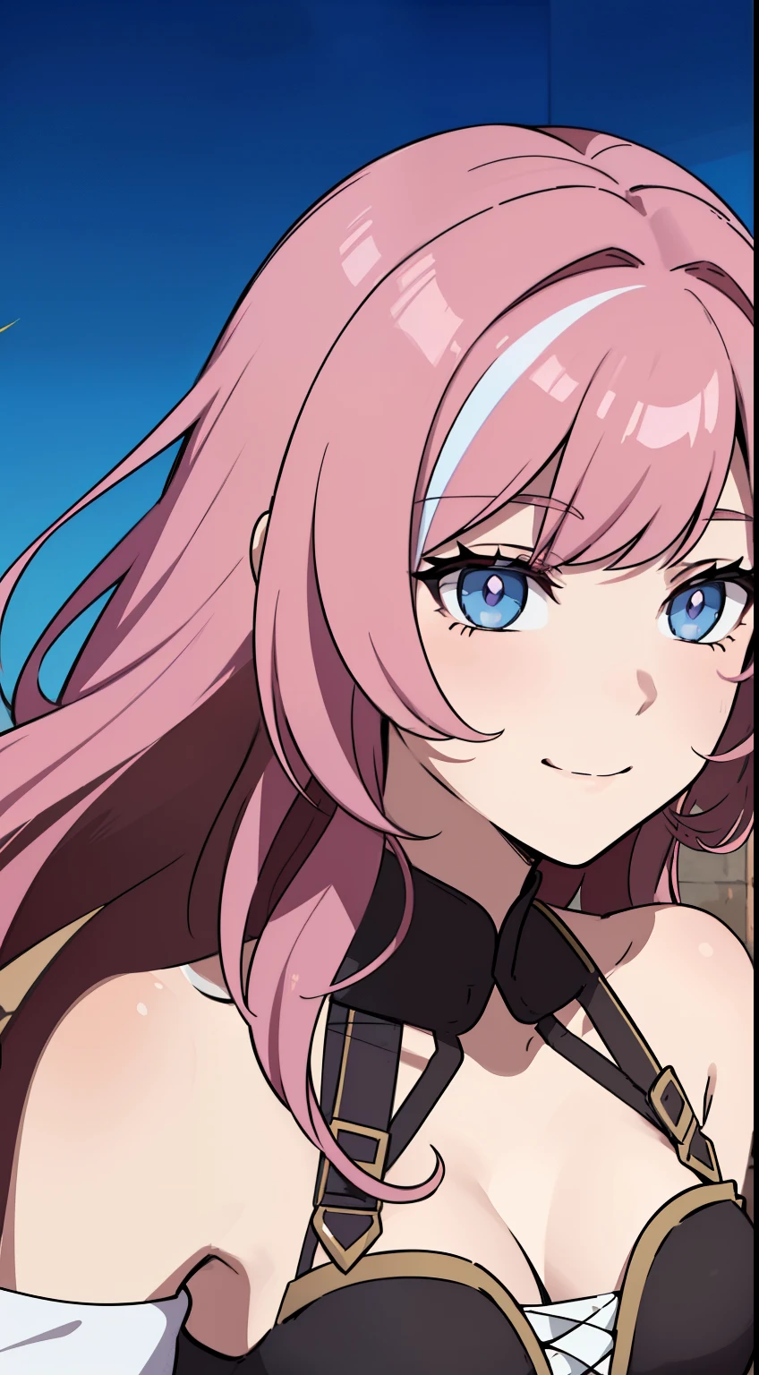 (high-quality, breathtaking),(expressive eyes, perfect face) Symmetrical Eyes, portrait, 1girl, pink and brown hair color, multicolored hair, yellow highlights, bright blue eyes, blue and white armor, black curly hair, wavy hair, bare shoulders, smiling, fantasy armor, Neopolitan RWBY, detached sleeves, long hair length, black shawl
