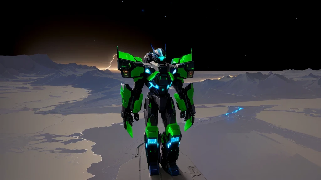 a black colored male transformer with green inserts, symmetrically arranged green parts, on the frontof the body not transparent cabin, on the back - aircraft's wings, arms from elbows to hands look like the front part of a aircraft, wheels are visible on the shoulders, on the legs from knees to the ankle there are aircraft's repulsors and small aircraft's tail wings, no helmet, light blue eyes, two legs, two arms, not a suit, on a background there is an empty dark blue metal desert, no buildings, no structures, dark blue storm clouds, light blue lightning from the clouds, blue river, river to the horizon, electrified river, light blue lightning from the river, space sky, stars in the sky, composition on the metal planet, big metalic planet, dark-blue metal, shiny metal, cybertron, mechanical planet, empty wasteland, dark blue storm clouds, light blue lightning from clouds, blue river, river to horizon, electrized river, light blue lightning from river, space sky, stars on the sky, realistic, watercolor, 4k, high quality, hight attention to details, concept art, concept art by Chris Mowry.