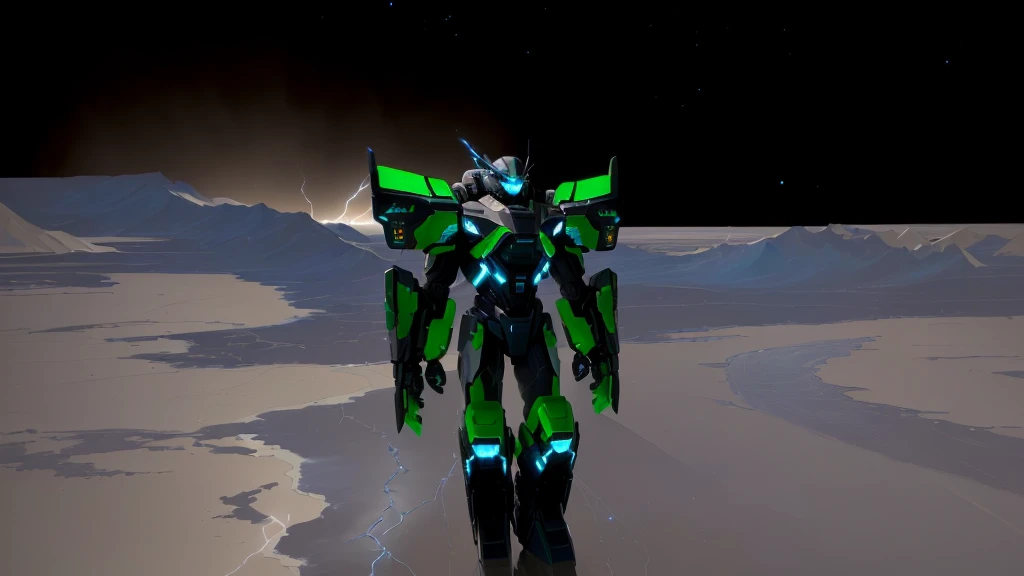 a black colored male transformer with green inserts, symmetrically arranged green parts, on the frontof the body not transparent cabin, on the back - aircraft's wings, arms from elbows to hands look like the front part of a aircraft, wheels are visible on the shoulders, on the legs from knees to the ankle there are aircraft's repulsors and small aircraft's tail wings, no helmet, light blue eyes, two legs, two arms, not a suit, on a background there is an empty dark blue metal desert, no buildings, no structures, dark blue storm clouds, light blue lightning from the clouds, blue river, river to the horizon, electrified river, light blue lightning from the river, space sky, stars in the sky, composition on the metal planet, big metalic planet, dark-blue metal, shiny metal, cybertron, mechanical planet, empty wasteland, dark blue storm clouds, light blue lightning from clouds, blue river, river to horizon, electrized river, light blue lightning from river, space sky, stars on the sky, realistic, watercolor, 4k, high quality, hight attention to details, concept art, concept art by Chris Mowry.