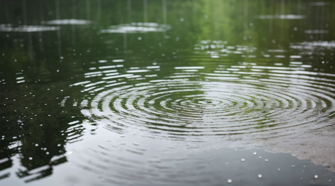 A lot of rain is falling on the mirror-like surface of the water, and it keeps raining all the time, (Photographic, Best Quality, High Quality, Highres:1.4), Detailed, Extremely Detailed, Ambient Soft Lighting, 4K, Background, Depth of Field, 