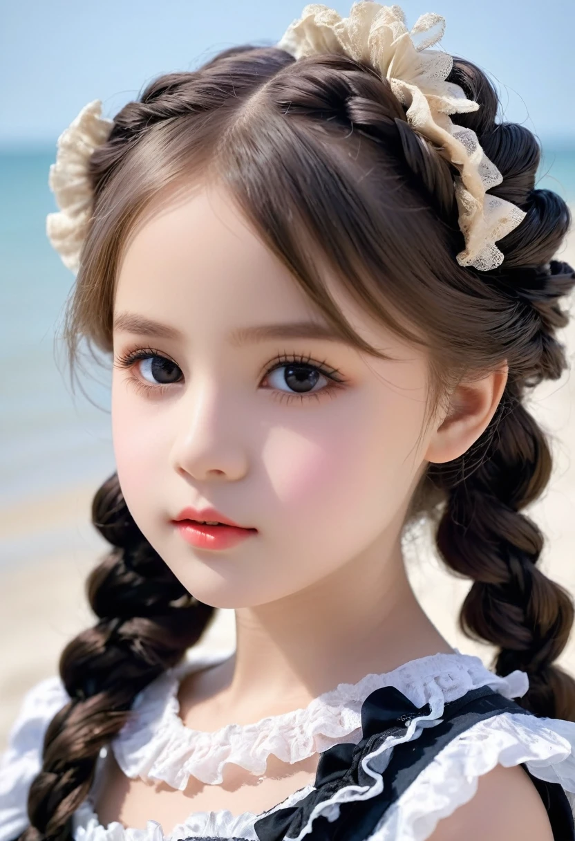 best quality, Super No, Reality, photo of a beautiful woman, , Delicate face, Black messy fishtail braid, (Delicate porcelain doll,Elaborate clothing with lots of ruffles and ribbons), beach, (Close-up of face), Attractive appearance, looking at the audience