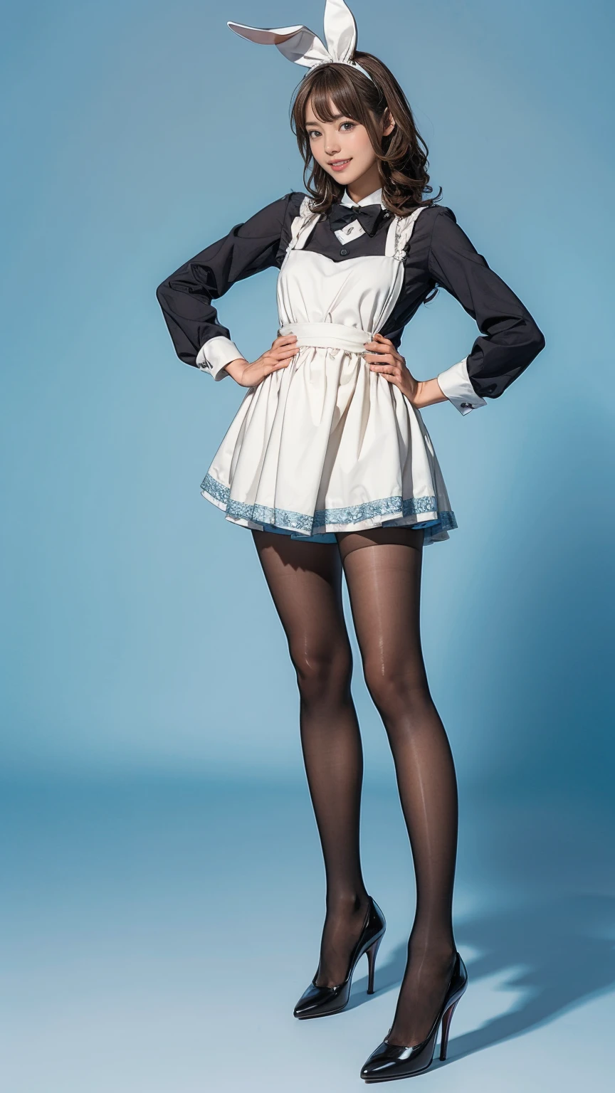 Bunny girl in a light blue maid outfit:1.5,Wearing light blue tights:1.5,The best smile:1.5,Full Body Shot:1.5,Gray background:1.5,Wearing black high heels:1.5,short side waves:1.5,