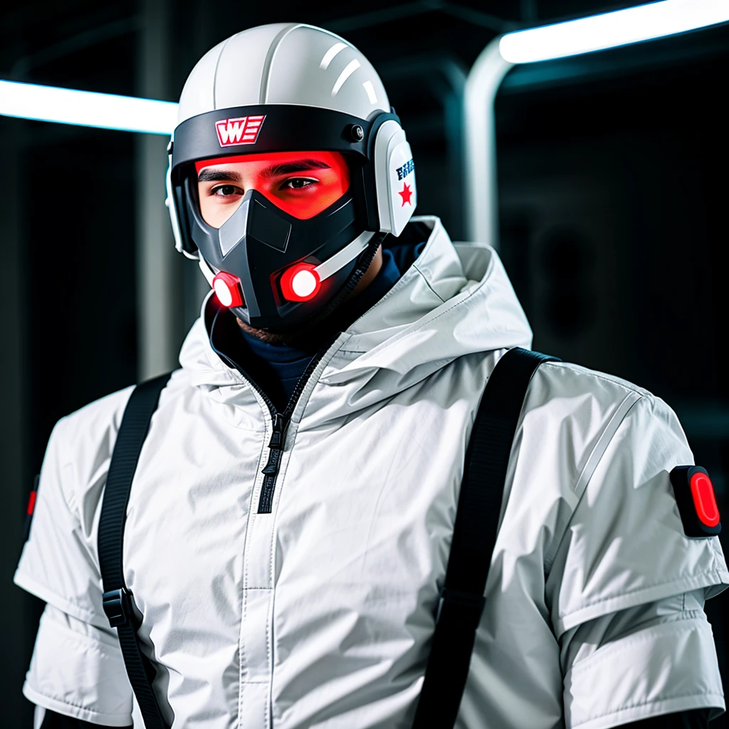 Soldier of the future in white, with a mask, with neon lines,