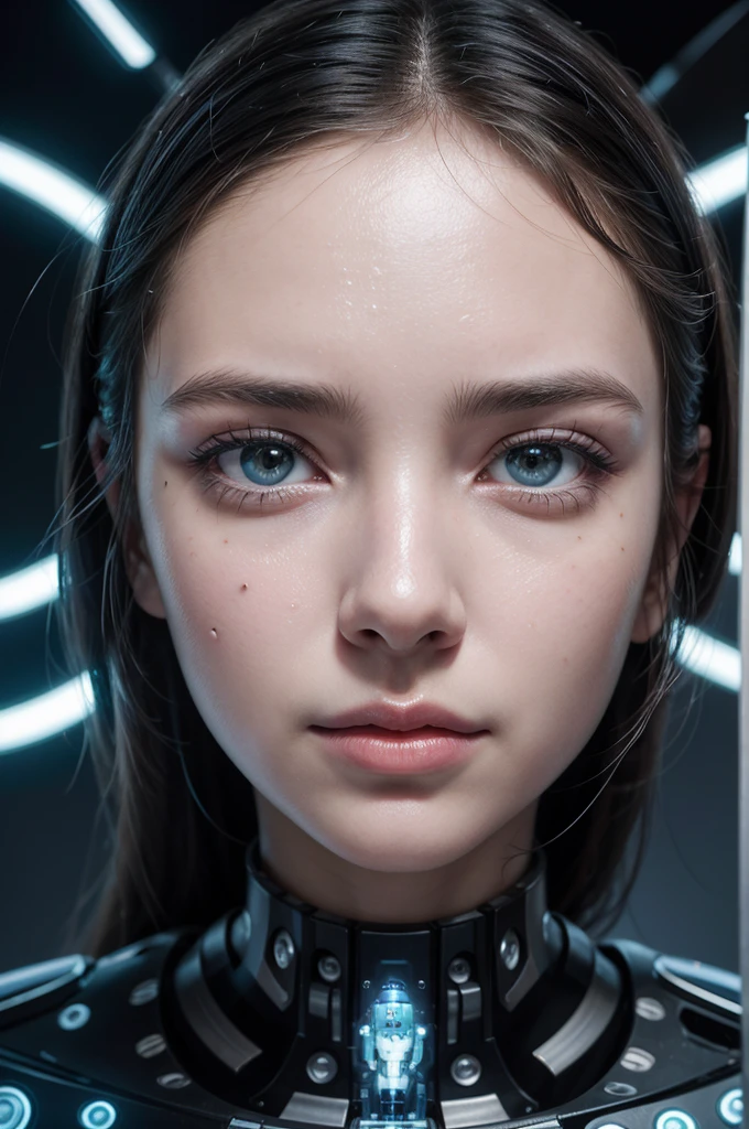 a woman with a circuit on her head and a circuit on her face, mulher ciborgue, ciborgue - garota, female face of cybernetic machine, robot with human face, transumano intrincado, Artificial intelligence, cyber faces, garota ciborgue, strong Artificial intelligence, Portrait of a female android, humano digital, robotic face, detailed face of an android, mulher humanoide