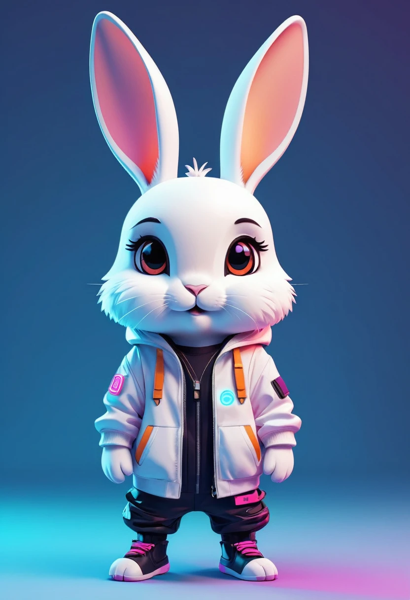 Cartoon animal design, Flat style cute rabbit full body photo, Simple but still stylish, Fresh flat style, Cyberpunk elements are used freely, The front shows a charming and cute posture, Feet down,Pose cute