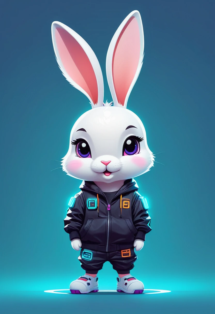 Cartoon animal design, Flat style cute rabbit full body photo, Simple but still stylish, Fresh flat style, Cyberpunk elements are used freely, The front shows a charming and cute posture, Feet down,Pose cute