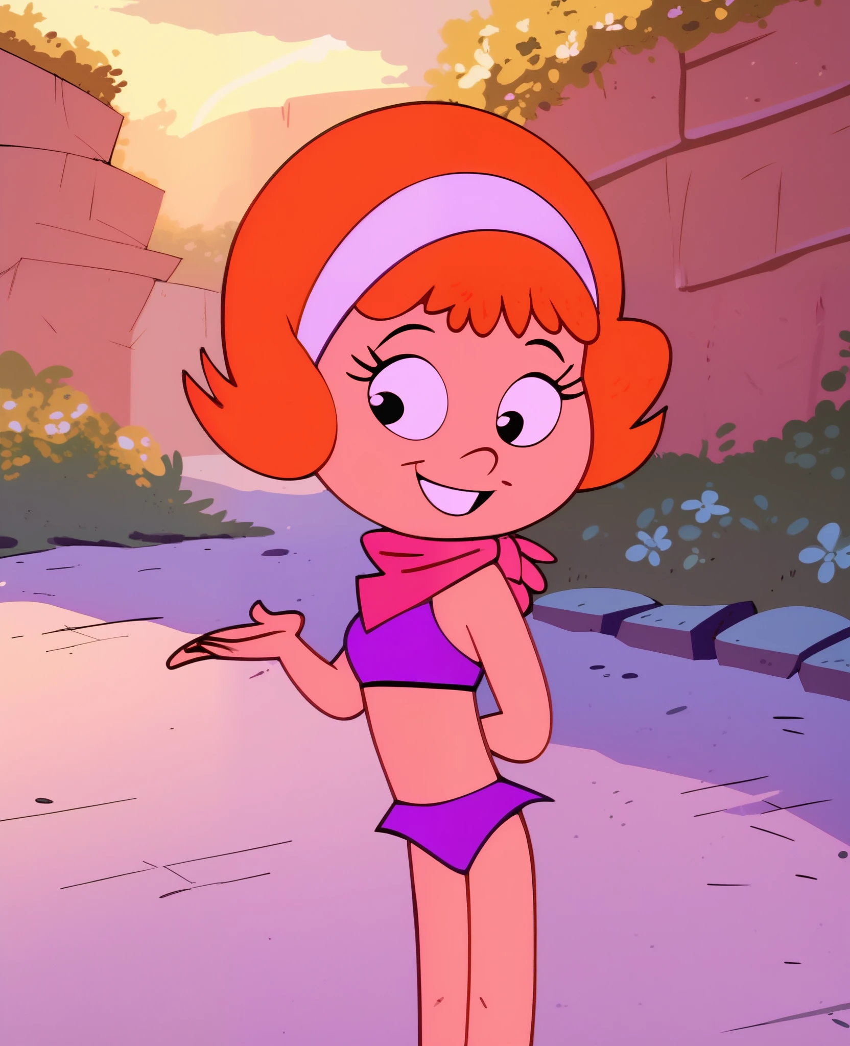 score_9, score_8, score_7, 1 girl, daphne, orange hair, short hair, hairband,smiling, outdoors, natural lighting, purple bikini,