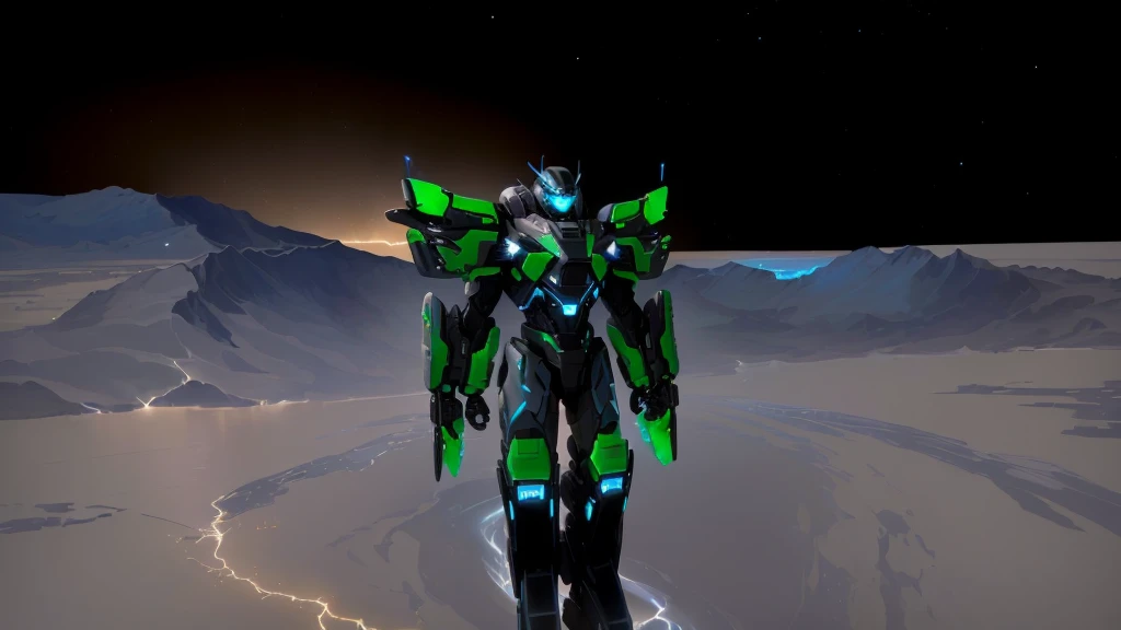 a black colored male transformer with green inserts, symmetrically arranged green parts, on the frontof the body not transparent cabin, on the back - aircraft's wings, arms from elbows to hands look like the front part of a aircraft, wheels are visible on the shoulders, on the legs from knees to the ankle there are aircraft's repulsors and small aircraft's tail wings, no helmet, light blue eyes, two legs, two arms, not a suit, on a background there is an empty dark blue metal desert, no buildings, no structures, dark blue storm clouds, light blue lightning from the clouds, blue river, river to the horizon, electrified river, light blue lightning from the river, space sky, stars in the sky, composition on the metal planet, big metalic planet, dark-blue metal, shiny metal, cybertron, mechanical planet, empty wasteland, dark blue storm clouds, light blue lightning from clouds, blue river, river to horizon, electrized river, light blue lightning from river, space sky, stars on the sky, realistic, watercolor, 4k, high quality, hight attention to details, concept art, concept art by Chris Mowry.