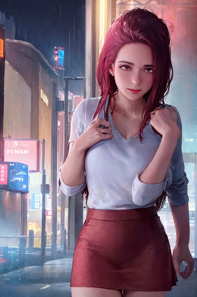 1girl, cowboy shot of zotovalentine, white shirt, red skirt, athletic, city, night, neon, rain, volumetric lighting, best quality, masterpiece, intricate details, tonemapping, sharp focus, hyper detailed, trending on Artstation, realistic,