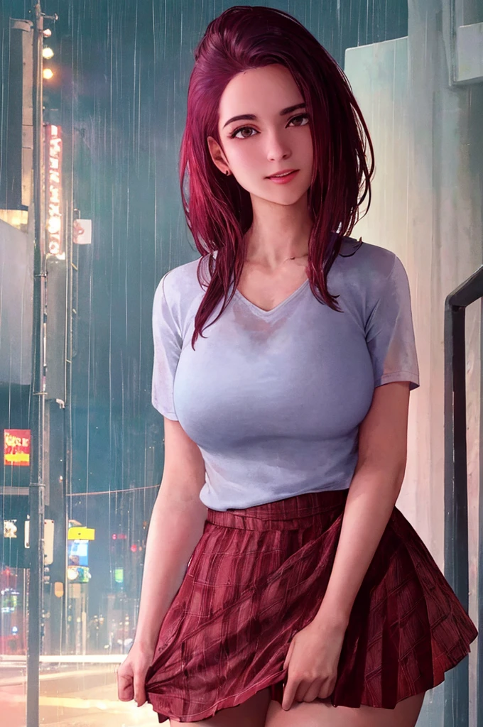 1girl, cowboy shot of zotovalentine, white shirt, red skirt, athletic, city, night, neon, rain, volumetric lighting, best quality, masterpiece, intricate details, tonemapping, sharp focus, hyper detailed, trending on Artstation, realistic,