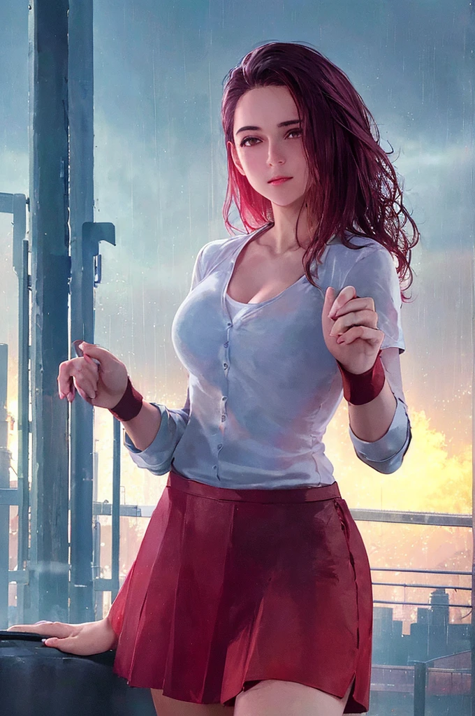 1girl, cowboy shot of zotovalentine, white shirt, red skirt, athletic, city, night, neon, rain, volumetric lighting, best quality, masterpiece, intricate details, tonemapping, sharp focus, hyper detailed, trending on Artstation, realistic,