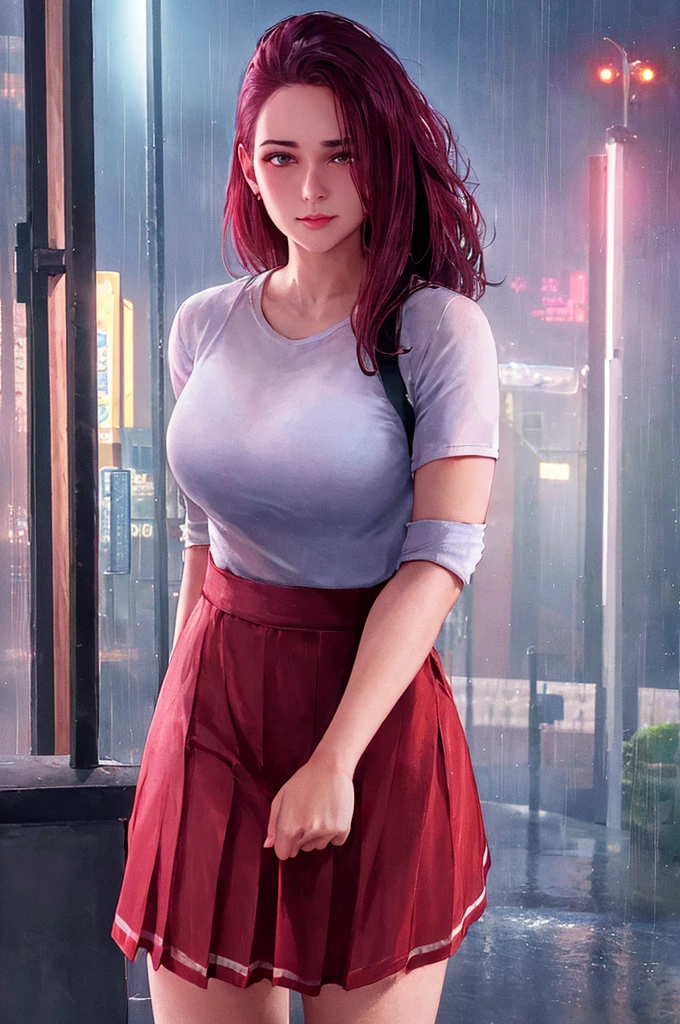 1girl, cowboy shot of zotovalentine, white shirt, red skirt, athletic, city, night, neon, rain, volumetric lighting, best quality, masterpiece, intricate details, tonemapping, sharp focus, hyper detailed, trending on Artstation, realistic,