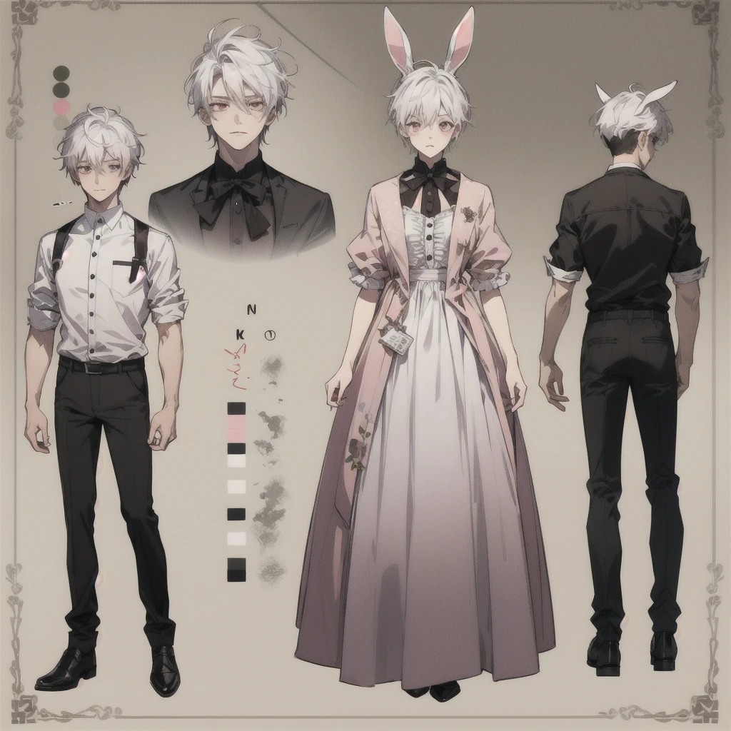 1boy, short pink and white hair, pink eyes, grey bunny outfit, Bunny ear, full body, character sheet, beat quality,best Quality