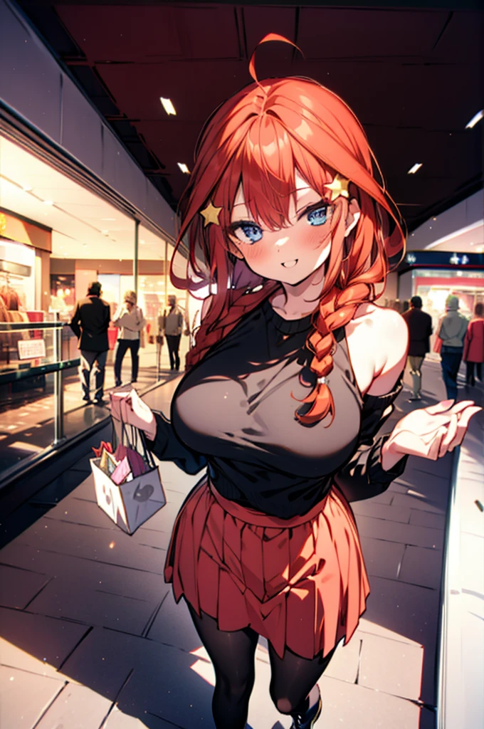 itsukinakano, Itsuki Nakano, bangs, blue eyes, Hair between the eyes, Ahoge, Redhead, star \(symbol\), hair ornaments, star hair ornaments,happy smile, smile, Open your mouth,blush,Akabuchi Glasses,Big Breasts,Long braids,One-shoulder sweater,Long skirt,Black pantyhose,short boots,Daytime,walking,whole bodyがイラストに入るように,crowd, people々々,
break indoors, Shopping mall,
break looking at viewer, whole body,
break (masterpiece:1.2), highest quality, High resolution, unity 8k wallpaper, (figure:0.8), (Beautiful fine details:1.6), Highly detailed face, Perfect lighting, Highly detailed CG, (Perfect hands, Perfect ???????),