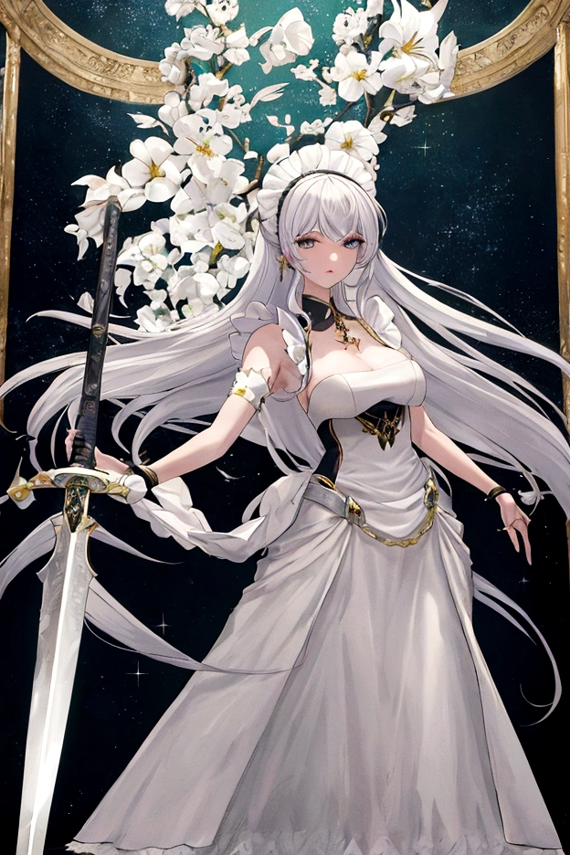 Cabelos pretos, solto, chifre, usar maid, seria,fundo branco, sword in her hand, seria,olhos pretos,pose extravagante