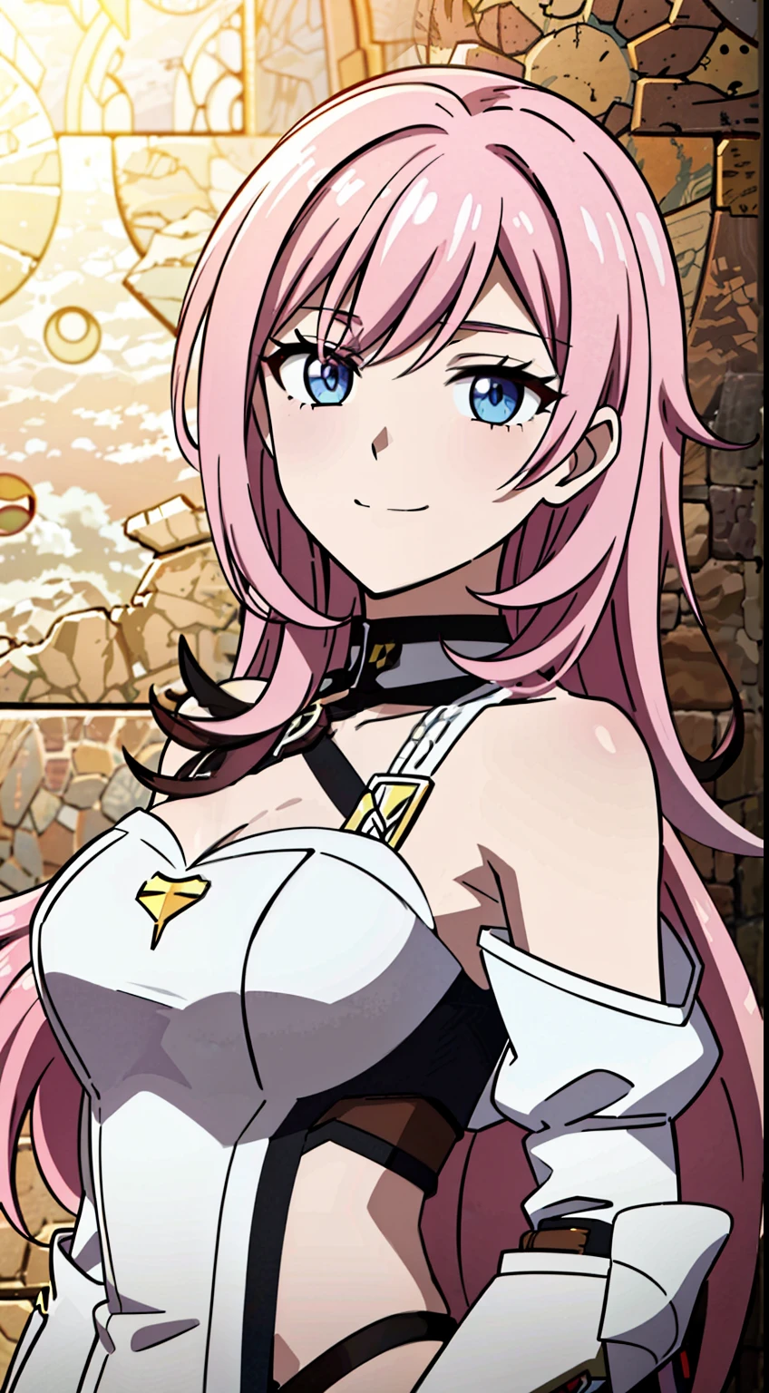 (high-quality, breathtaking),(expressive eyes, perfect face) Symmetrical Eyes, portrait, 1girl, pink and brown hair color, multicolored hair, yellow highlights, bright blue eyes, blue and white armor, black curly hair, wavy hair, bare shoulders, smiling, fantasy armor, Neopolitan RWBY, detached sleeves, long hair length, black shawl
