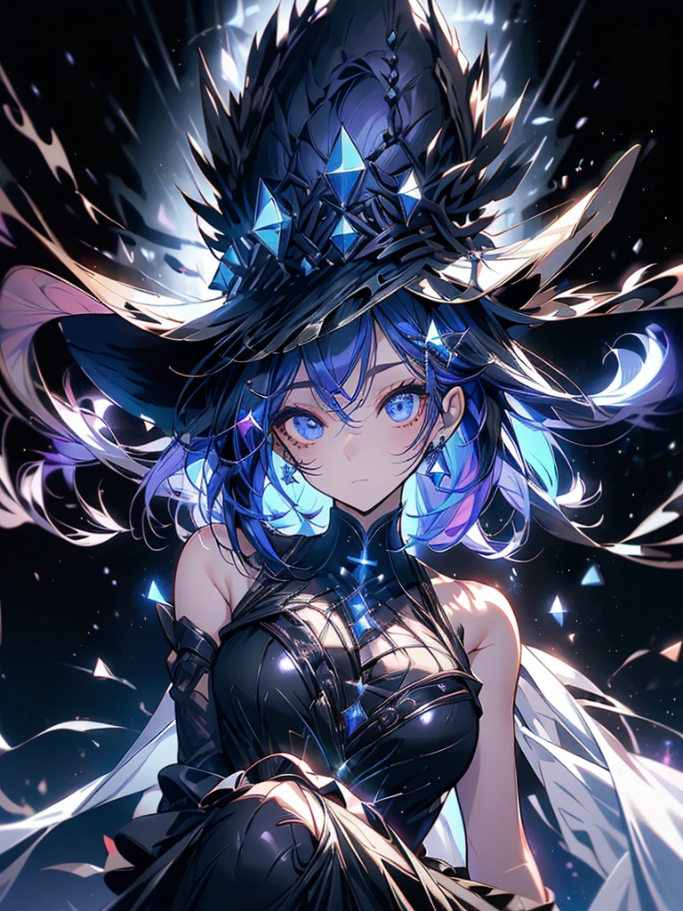 25-year-old girl、wearing a black elegant hat、Rune background、black magician、Wearing a black robe、mesmerize、cute woman、Elegant hairstyle、indigo hair color、Slightly shorter hair、blue eyes、look at the viewer、masterpiece、Best image、