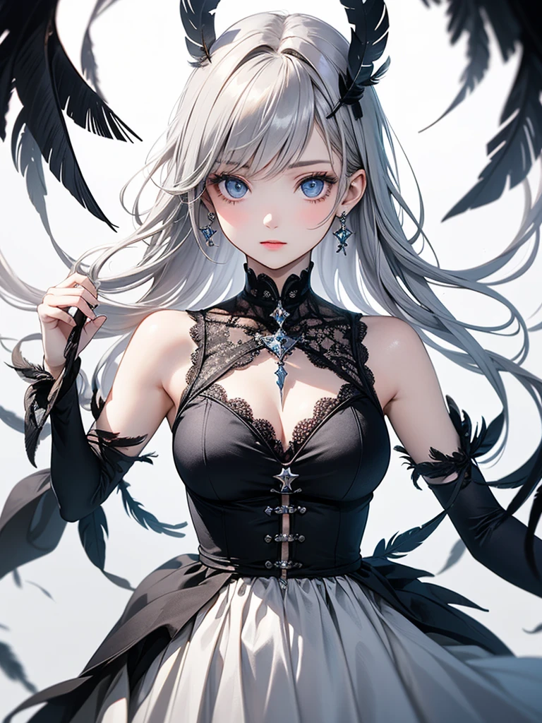 Top view, Woman with asymmetrical short hair, Gothic ta Fashion, Exposed cleavage and thighs, A dynamic pose, White background:1.2, Anime Style, Simple lines, Digital Painting, (masterpiece, High resolution, Highest quality)