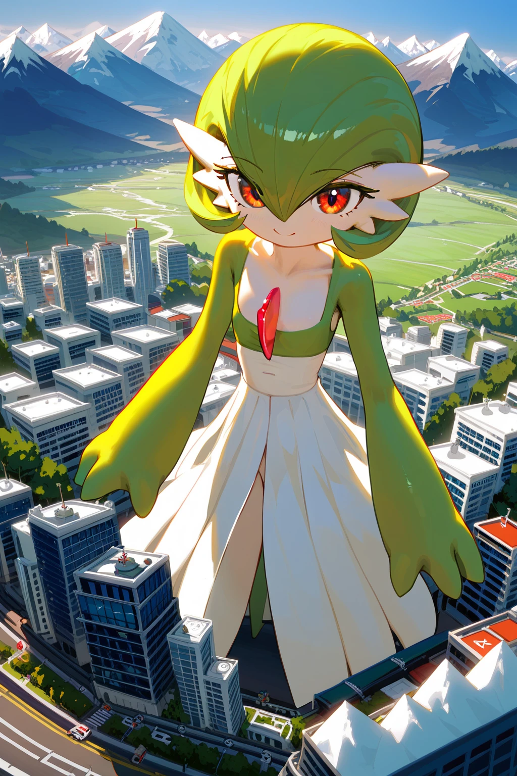 (score_9,score_8,score_7),{{green and white}}, gardevoir, pokemon, macro, high angle, {{standing on the ground}}, standing , continent, city, mountain, atmosphere, pov from upon