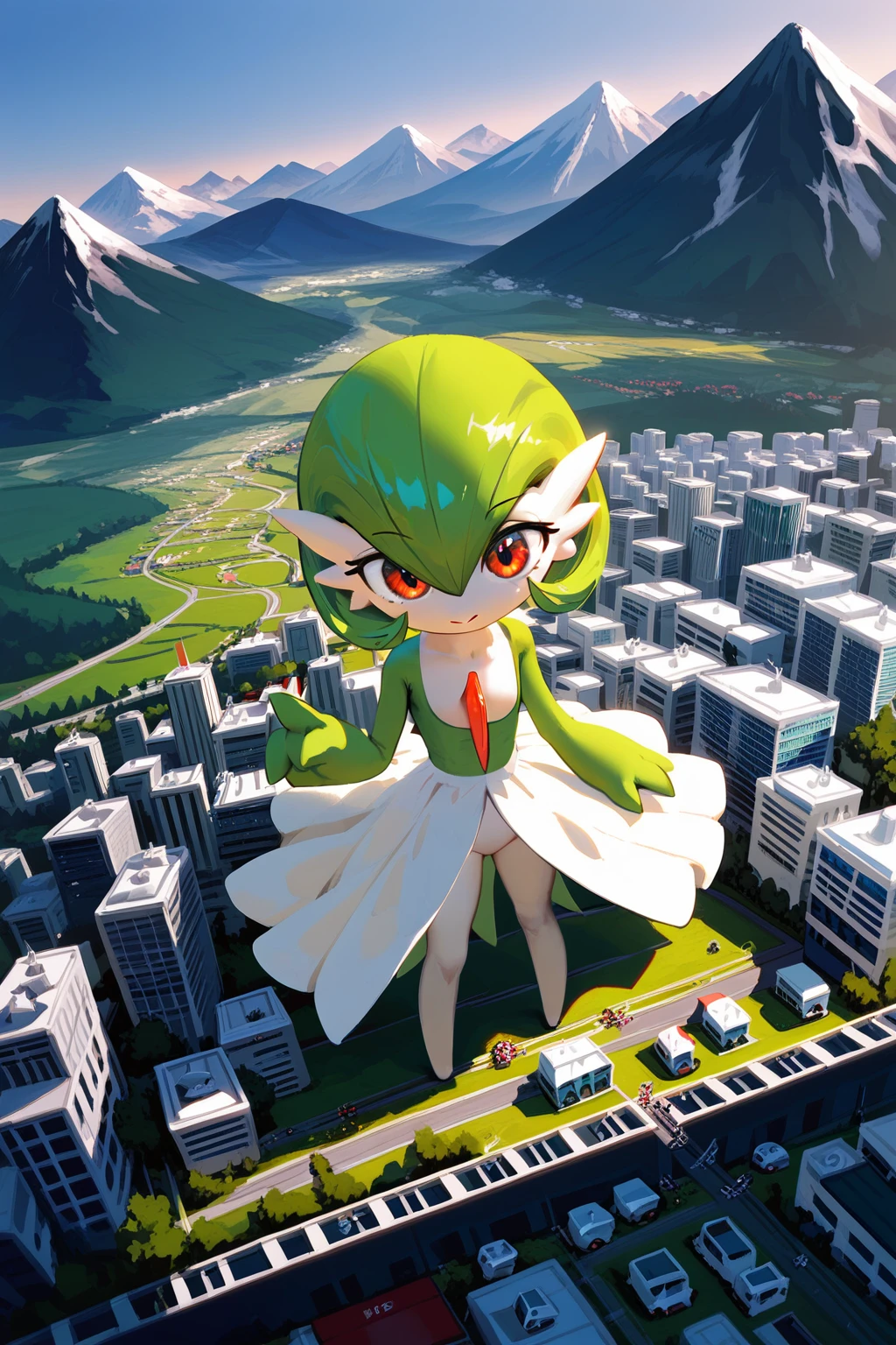 (score_9,score_8,score_7),{{green and white}}, gardevoir, pokemon, macro, high angle, {{standing on the ground}}, standing , continent, city, mountain, atmosphere, pov from upon