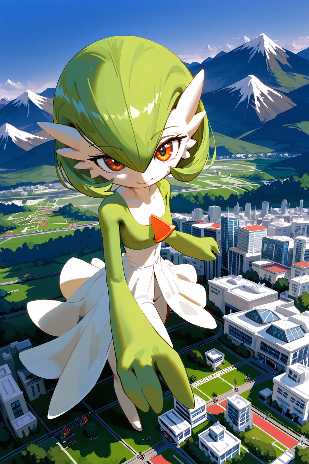 green legs, full body shot, green and white, gardevoir, pokemon, sizedifference, macro, giantess, high angle, stand, looking down, continent, 2 feet, 4 toes, leg spread, squat