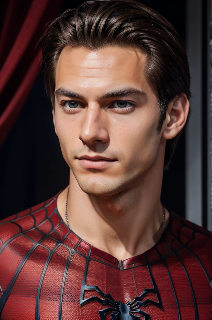 A photograph of spider man, no mask, 20 yo, handsome, detailed face, looking at camera, portrait, 8k uhd, high quality