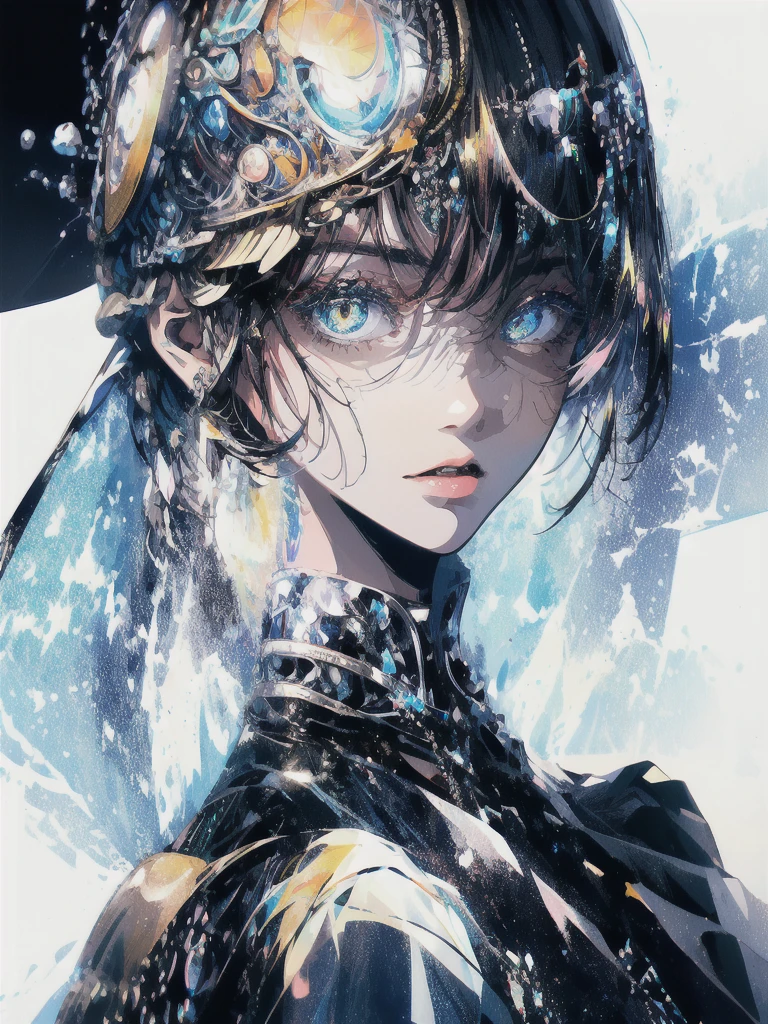 ((masterpiece, highest quality, Super detailed, High resolution)), alone, beautiful girl, shining eyes, perfect eyes, , black white gold theme,