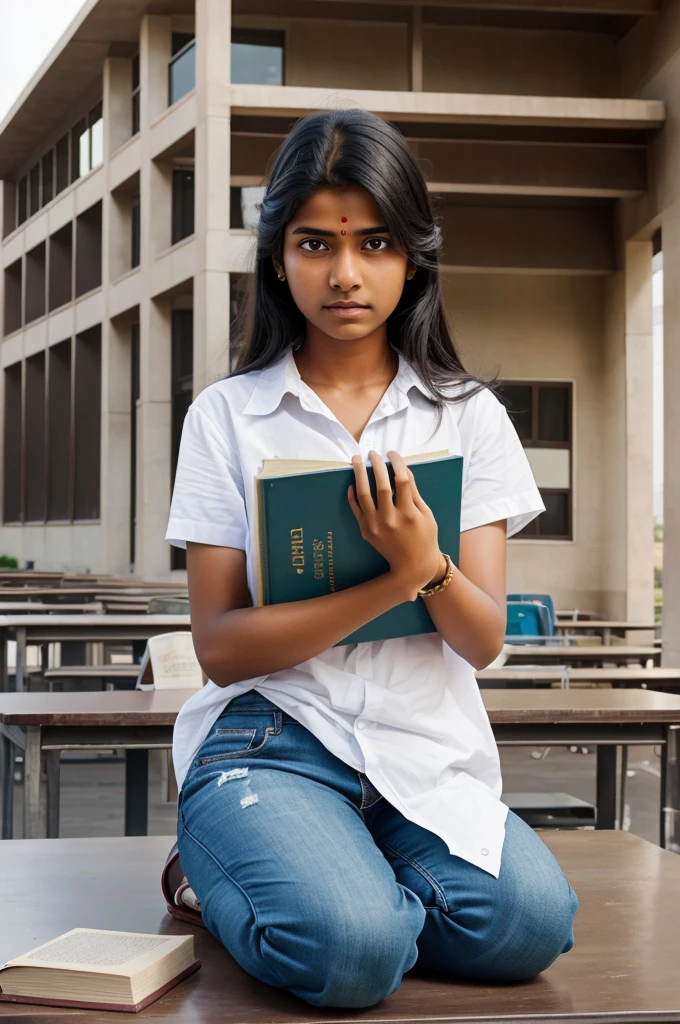 An realistic Image of a Indian student in fully confusion mode with book studying on a table. School building background.