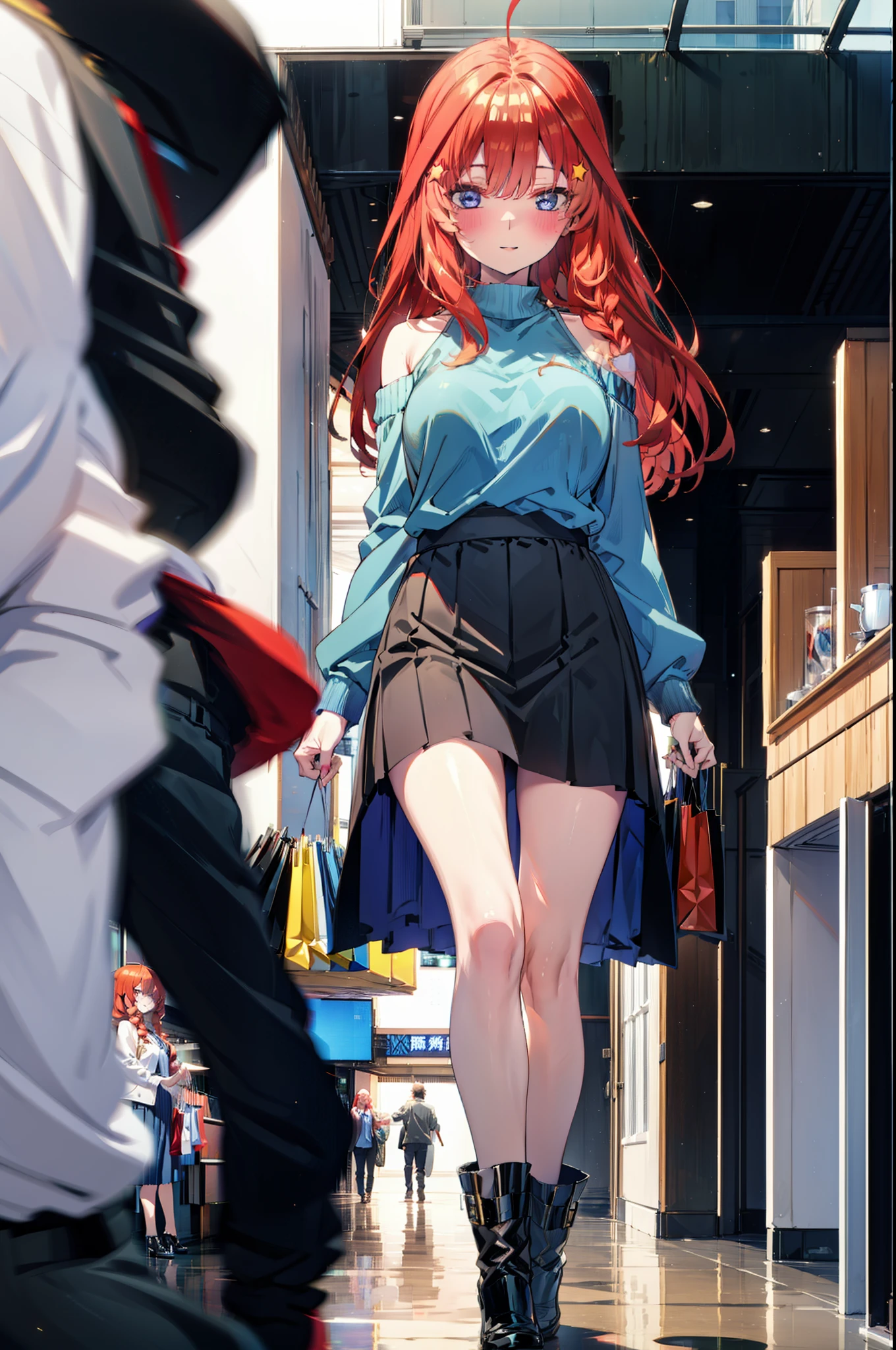 itsukinakano, Itsuki Nakano, bangs, blue eyes, Hair between the eyes, Ahoge, Redhead, star \(symbol\), hair ornaments, star hair ornaments,happy smile, smile, Open your mouth,blush,Akabuchi Glasses,Big Breasts,Long braids,One-shoulder sweater,Long skirt,Black pantyhose,short boots,Daytime,walking,whole bodyがイラストに入るように,crowd, people々々,
break indoors, Shopping mall,
break looking at viewer, whole body,
break (masterpiece:1.2), highest quality, High resolution, unity 8k wallpaper, (figure:0.8), (Beautiful fine details:1.6), Highly detailed face, Perfect lighting, Highly detailed CG, (Perfect hands, Perfect Anatomy),