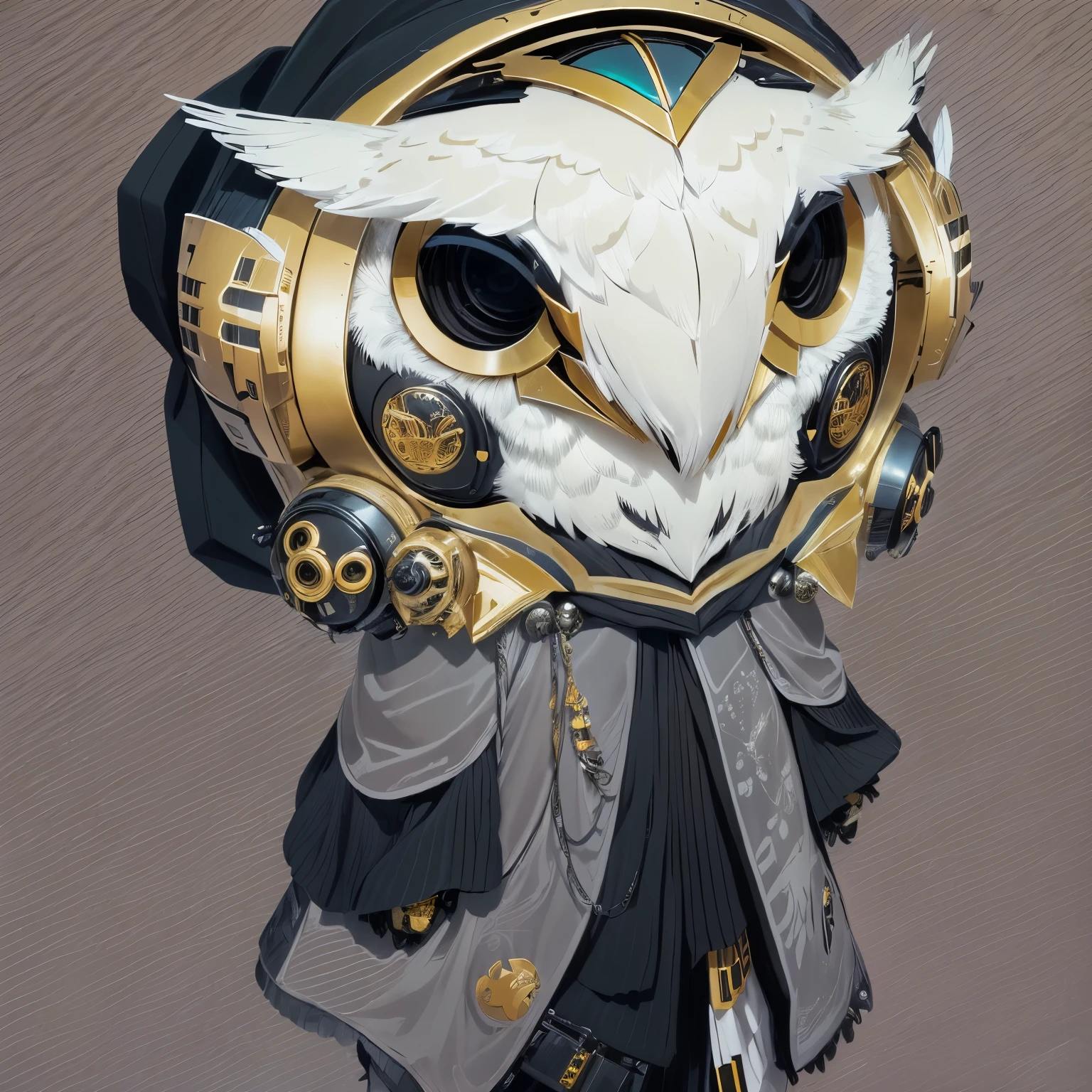 realistic photo of a person with a robe and a mask on, wearing futuristic robotic owl mask with golden details, owl helmet, chibi, owl wearing black biker jacket, hornet from hollow knight, mecha anthropomorphic penguin, with a giant robot owl, owl wizard, clothes themed on a peacock mage, barn owl mask, wearing sci - fi cloak with hood