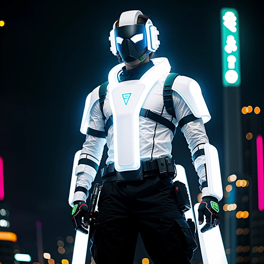 Soldier of the superfuture in white, with a mask, with neon lines, cyberpunk
