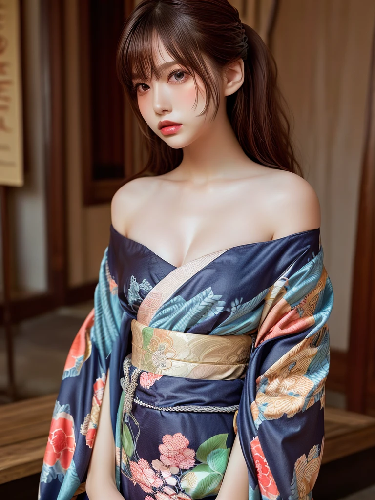 highest quality, masterpiece, Ultra-high resolution, (Realistic:1.5), RAW Photos, 1 girl, Off the shoulder, In the Dark, Deep Shadow, Discreet keys, Cold Light, y Looks, ((Small breLooking at the audience、Japanese Kimono