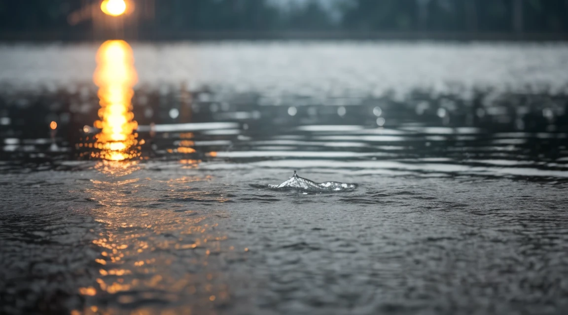 A lot of rain on the smooth surface of the water and it keeps falling, (Photographic, Best Quality, High Quality, Highres:1.4), Detail, Highly Detailed, Ambient Soft Lighting, 4K, Background, Depth of Field,