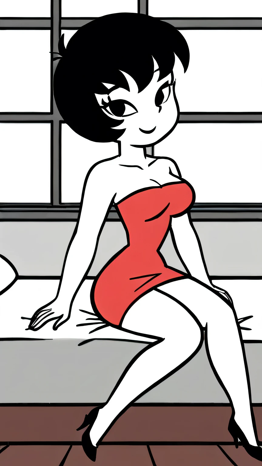 Jucika, digital media, black eyes, black hair, short hair, flat color, flat graphic style, white skin, zPDXL, best quality, amazing quality, score 9, 1girl, collarbone, strapless red tube dress, black chocker, standing in her bedroom with a little blue window, seductive smile, looking at viewers, sitting on her bed, black high heels