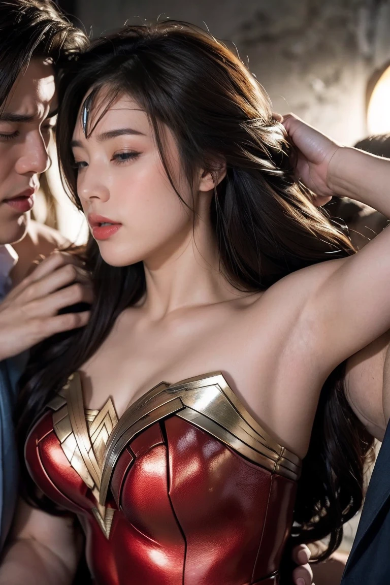 私はWonder Womanです、完璧なWonder Womanの衣装,押しDefeated,Defeated,A man mounts me,Face grabbed、Hug from the front,Hugged,Being strangled,You can hold it,Men lick my face with their tongues,The guys lick my head with their tongues,Men lick my hair with their tongues,My body is licked by men,sleeping face,Close ~ eyes,Open your mouth,Tired face,Face of Suffering,Being slapped in the face,Getting punched in the face,Fighting with men,Fight with the men,Surrounded by men,,Caught between the men,Being held back by men,Entanglement with males, Attacked by men,Brown Hair,  masterpiece、beautiful girl、fine 目、puffy eyes、highest quality, 超High resolution, (reality: 1.4), Cinema Lighting,so beautiful、Beautiful Skin、(超reality的な)、(High resolution)、(8k)、(Very detailed)、(beautiful and fine 目)、(Very detailed)、 Detailed face、Diagonal bangle hair、Brown Hair、20-year-old、Wonder Womanのコスプレ，Wonder Woman