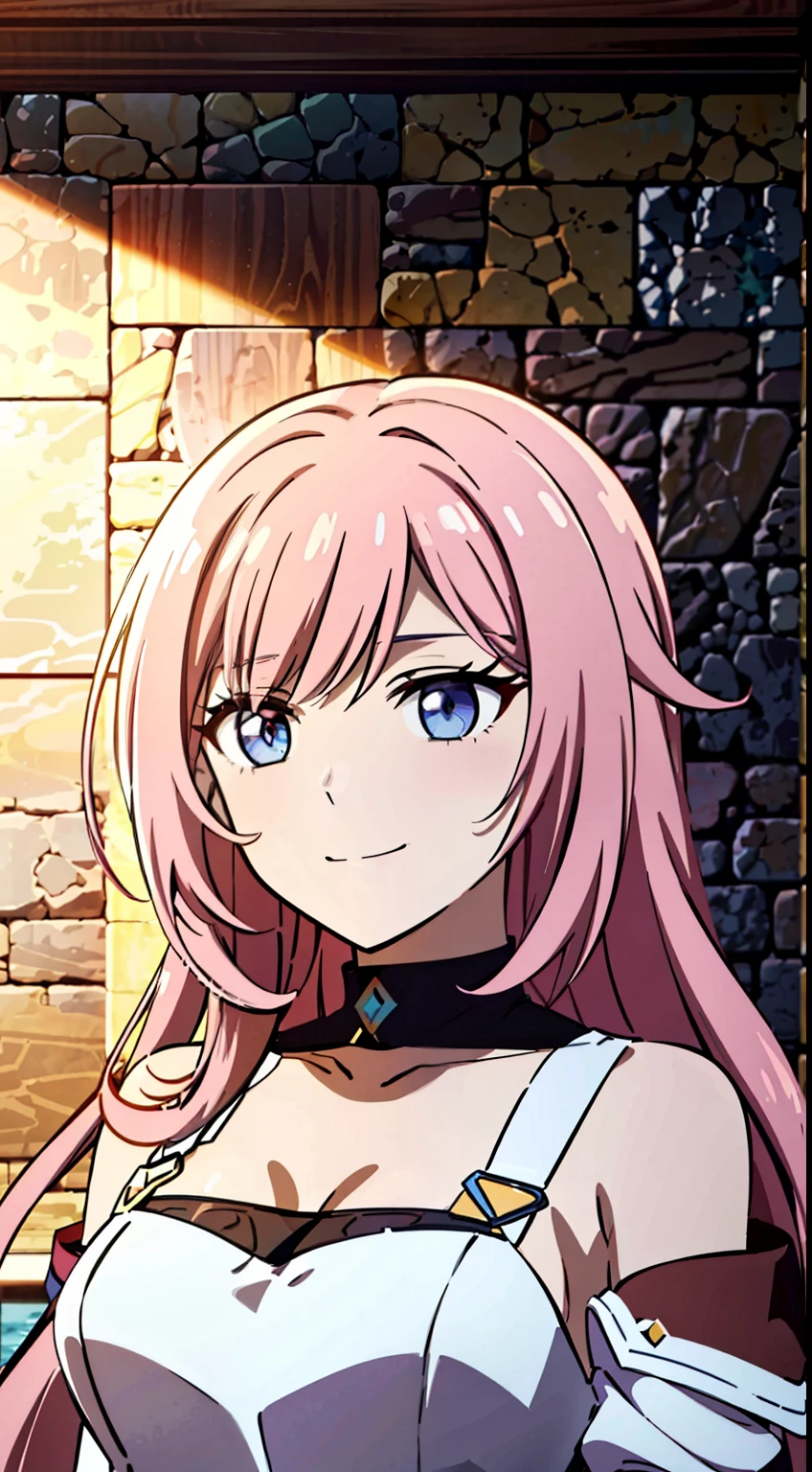 (high-quality, breathtaking),(expressive eyes, perfect face) Symmetrical Eyes, portrait, 1girl, pink and brown hair color, multicolored hair, yellow highlights, bright blue eyes, blue and white armor, black curly hair, wavy hair, bare shoulders, smiling, fantasy armor, Neopolitan RWBY, detached sleeves, long hair length, black shawl
