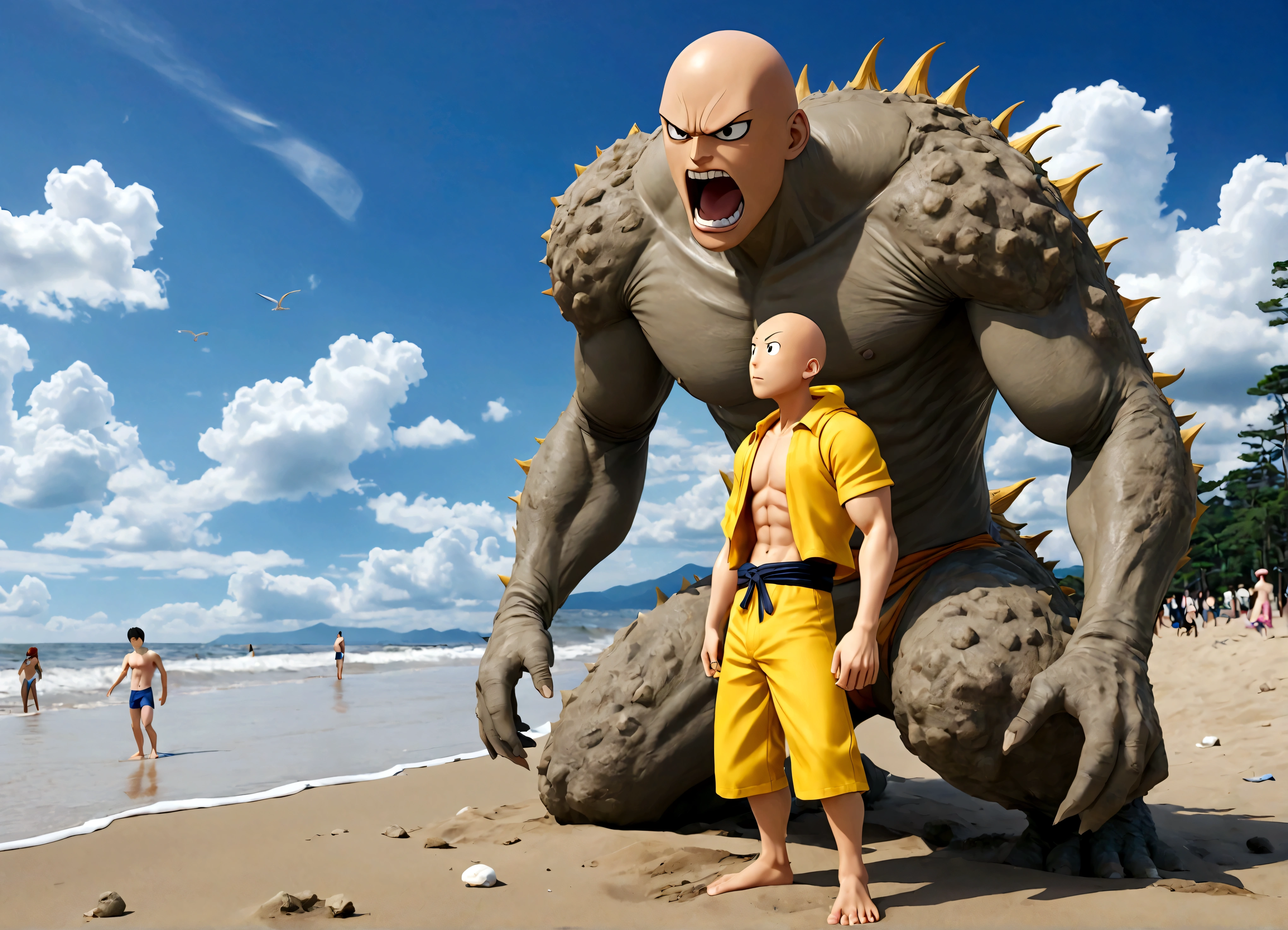 Saitama, dressed like a beach bum, is trying to enjoy a day at the beach when Kaiju begin emerging from the sea