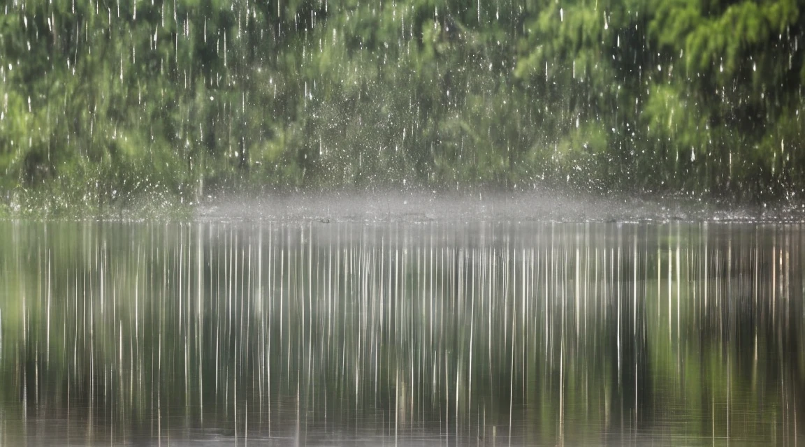 A lot of rain is falling on the mirror-like surface of the water, and it keeps raining all the time, (Photographic, Best Quality, High Quality, Highres:1.4), Detailed, Extremely Detailed, Ambient Soft Lighting, 4K, Background, Depth of Field,