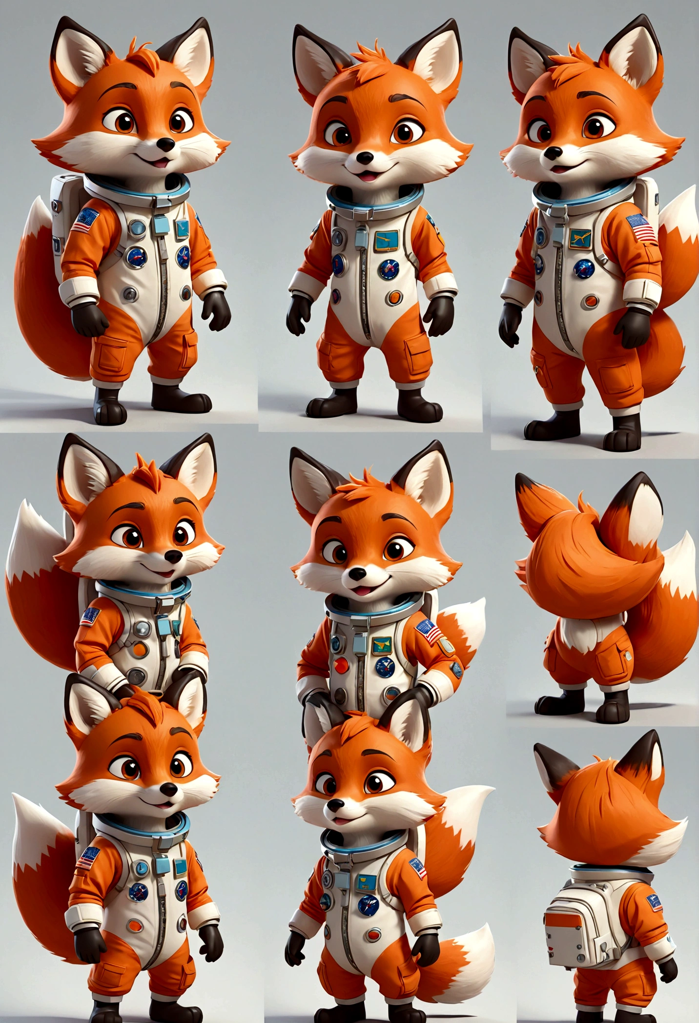 cute anthropomorphic little fox character, Astronaut outfit, multiple poses and expressions, 4 poses, full body, children's book illustration style, simple, cute, artist, full color, 3d model, light and shadow, suit clothes, flat color, white background, look straight, many different styles