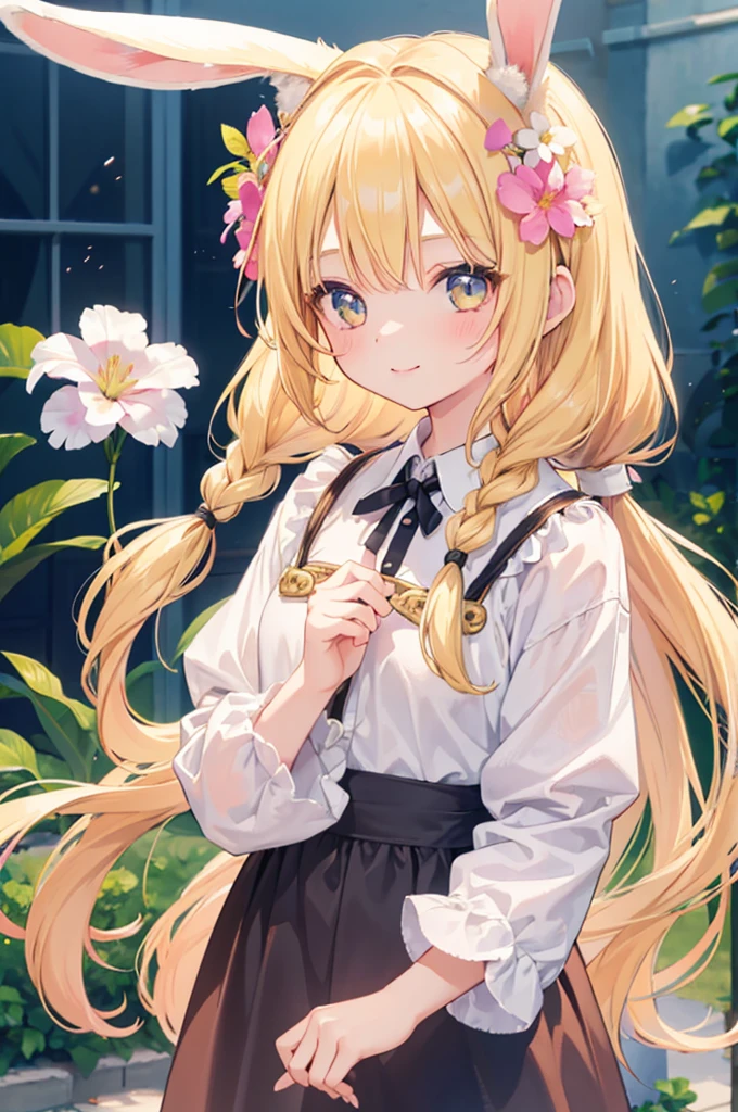 1girl, solo, long hair, looking at viewer, smile, bangs, blonde hair, hair ornament, holding, animal ears, light blonde eyes, upper body, braid, flower, hair flower, bunny ears , twin braids, lips, animal, watermark , rabbit, head crown, holding animal, flower crown