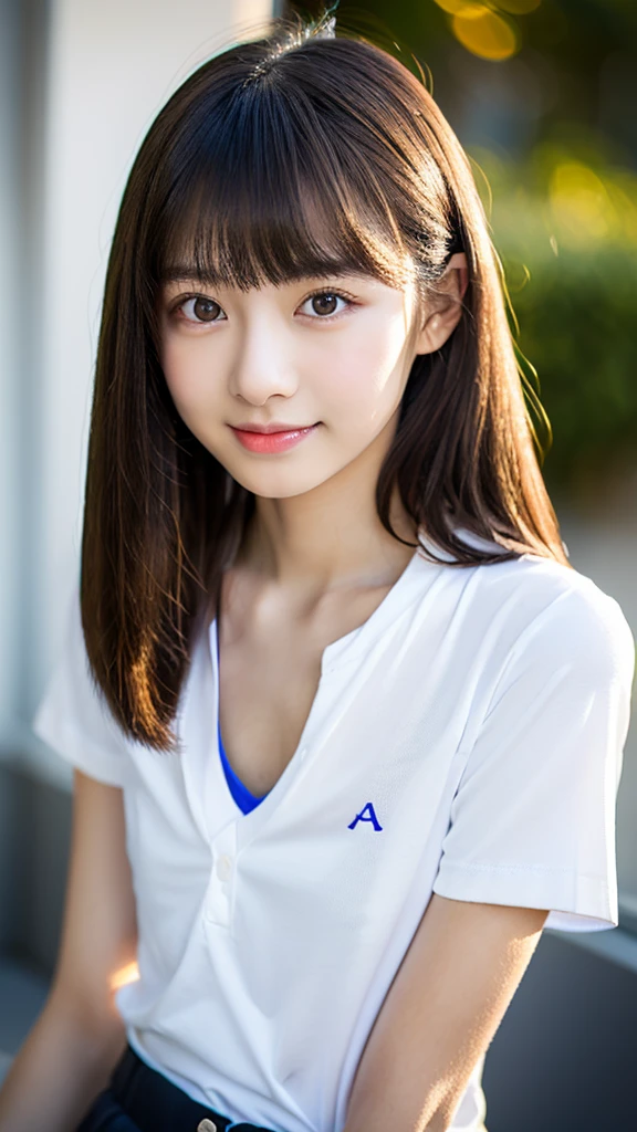 ((8K quality、professional、highest quality、masterpiece:1.3))、solo、Real、Photorealistic、Portrait、(Upper body close-up)、Slender Abs:1.2、Very cute 12-year-old elementary school student、((Flat Chest:1.4、AA cup、Skinny Beautiful Girl:1.4))、((Loose fitting T-shirt、Plain and large long T-shirt:1.4))、School:1.4、Platinum Blonde Hair、Silky straight hair、Beautiful Bangs、Delicate and cute 12-year-old beautiful girl、Slim fit、Skinny body、Sub-surface Scattering、Highly detailed face and skin texture、Beautiful detailed eyes、 Attractive big eyes、Beautiful detailed nose、The best beauty、Shooting from above、Down blouse、Perfect hands、Smile、Looking at the camera