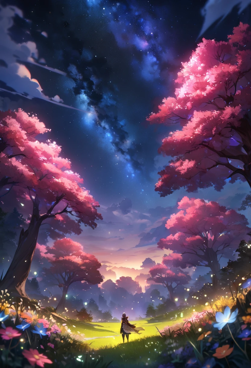 (masterpiece,best quality,absurdres,4k:1.2),genshin landscape, moonlight, night time, stars, fireflies, flowers. giant oak tree, magical, fantasy, mythical, 4k, 8k, extremely clear, masterpiece, field of depth, hdr, detailed, hyper quality, vibrant, sharp focus, good composition, vivid, bright colors, high contrast,small creek reflecting starry sky