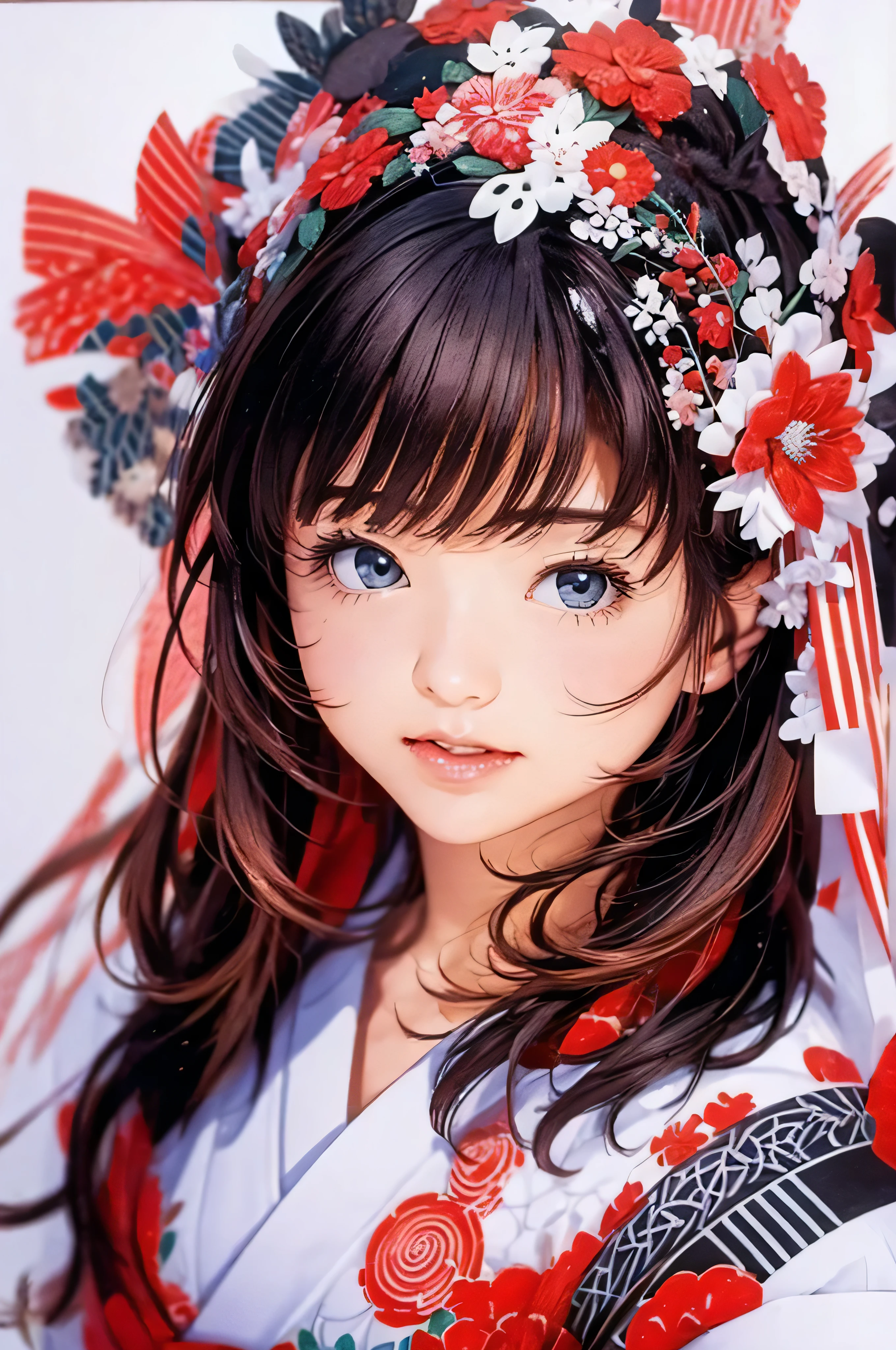 (((White Background、White world)))、14 years、unity 8k wallpaper、Very detailed、beautifully、beautiful、masterpiece、highest quality、(Zentangle、Mandala、Tangle、Tangle)、(Fractal Art:1.3)、One Girl、Beautiful black hair、Japanese、Big pink、red kimono、Japanese clothing、Very detailed、Dynamic Angle、Cowboy Shot、Chaos in its most beautiful form、elegant、Brutalist Design、Vibrant colors、Romance、atmosphere、Ecstasy Note、Streaming notes are displayed、(((White Background、Pure white background、Red circle)))